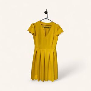 Women's Yellow Mini Pleated Dress with Scalloped sleeves and hemline